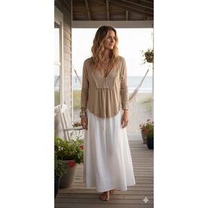 Free People Beige Cotton Linen Boho Chic Top Small Oversized Cottage Coastal